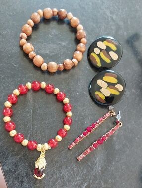 Bracelet Earring Lot Wood Enamel Acrylic Brown Red 4 Pc